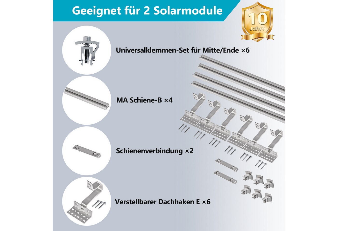 SolarMars Solarmodul-Halterung Solarpanel Halterung für Ziegeldach Balkonkraftwerk, (Komplettset Halterung Solarmodul für 28-46mm dicke Module, Solar Halterung mit Photovoltaik Dachhaken für 2 PV-Module) Bild 4
