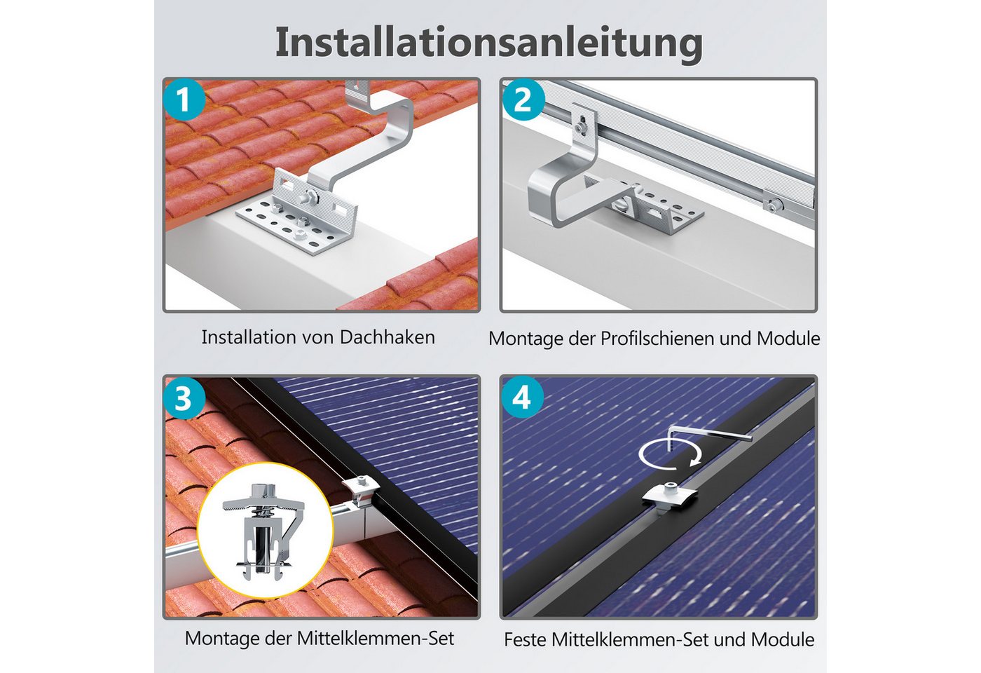 SolarMars Solarmodul-Halterung Solarpanel Halterung für Ziegeldach Balkonkraftwerk, (Komplettset Halterung Solarmodul für 28-46mm dicke Module, Solar Halterung mit Photovoltaik Dachhaken für 2 PV-Module) Bild 5