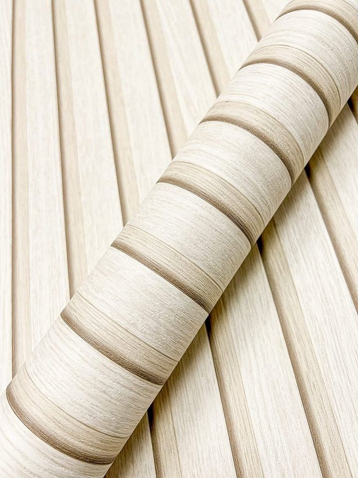 Newroom Vliestapete Paneel 2,5x0,53m Barcley Creme Tapete Holztapete, Holzwand Lamellen - Lamellenwand Naturholz Skandi Modern Wohnzimmer Schlafzimmer Tapete Holztapete für Flur Büro Küche, Holzwand Bild 3