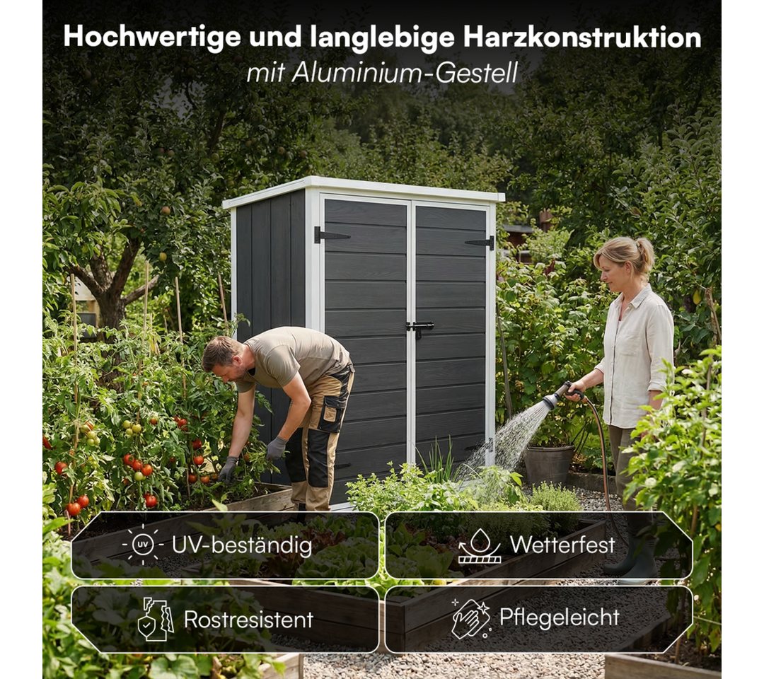 STEELSØN Gerätehaus Novara mit Bodenplatte, wetterfest, Geräteschuppen mit Pultdach, Dunkelgrau mit Holzoptik, Gartenhaus mit Einlegeböden, aus Kunststoff Bild 2