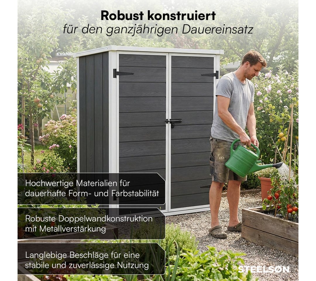 STEELSØN Gerätehaus Novara mit Bodenplatte, wetterfest, Geräteschuppen mit Pultdach, Dunkelgrau mit Holzoptik, Gartenhaus mit Einlegeböden, aus Kunststoff Bild 4