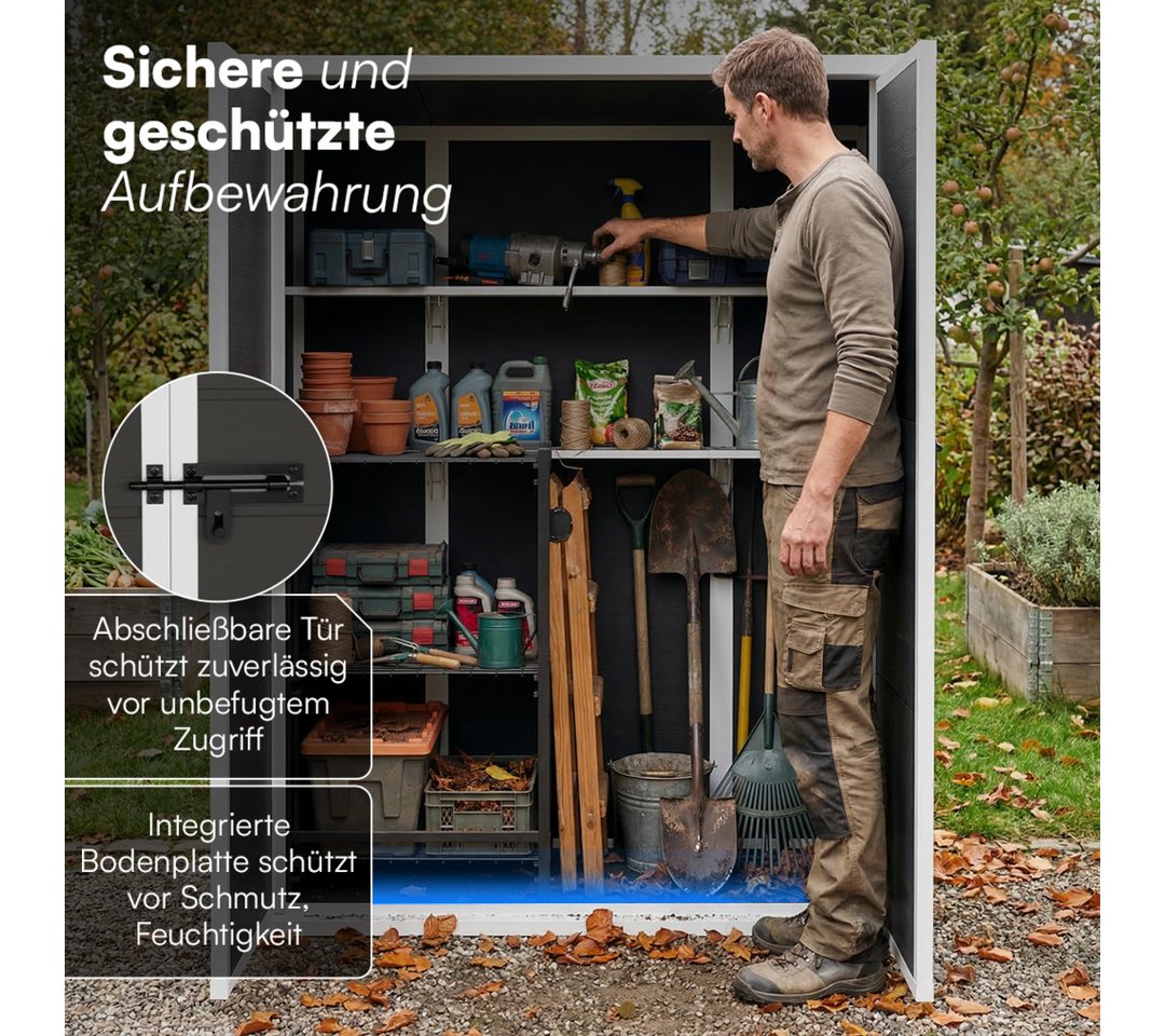 STEELSØN Gerätehaus Novara mit Bodenplatte, wetterfest, Geräteschuppen mit Pultdach, Dunkelgrau mit Holzoptik, Gartenhaus mit Einlegeböden, aus Kunststoff Bild 5