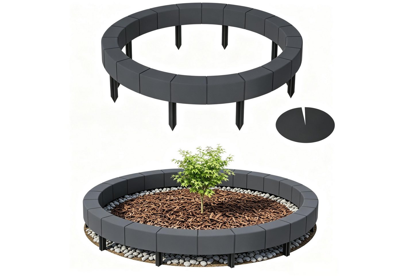 FIVMEN Beetumrandung Baumringin Steinoptik Baumscheibe aus PP Baumkante Höhe 23cm, für Garten & Landschaftsgestaltung, Anthrazit/Grau