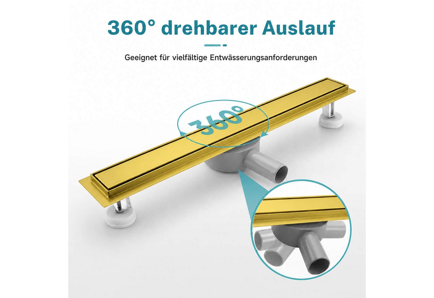 SaniteModar Duschrinne Gold, mit 360° Siphon, Haarsieb und 2-in-1 Wendedesign, 1-St., befliesbar, extra flacher Edelstahl-Bodenablauf 60cm Bild 5