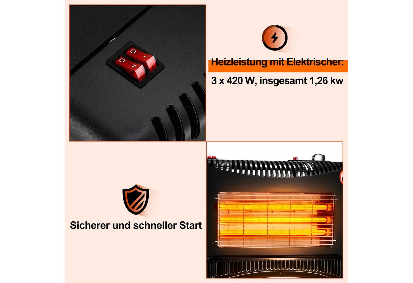 Clanmacy Heizgerät Heizstrahler Gasheizung für Innenräume, Schlauch und Druckminderer, 4200 W Bild 3