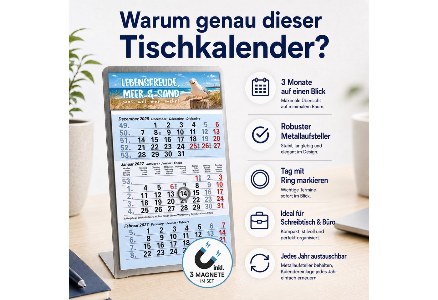 TOBJA Tischkalender Tischkalender 2027 Set + Deko-Magnete Metallaufsteller (Ice), Aufsteller + Kalender, 3 Deko-Magnete, Datumsschieber, mehrsprachig