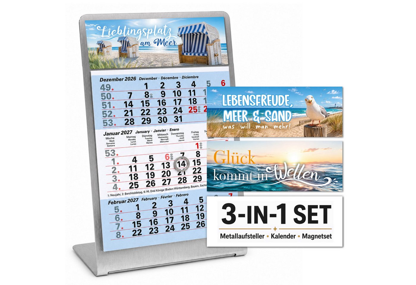 TOBJA Tischkalender Tischkalender 2027 Set + Deko-Magnete Metallaufsteller (Ice), Aufsteller + Kalender, 3 Deko-Magnete, Datumsschieber, mehrsprachig Bild 2