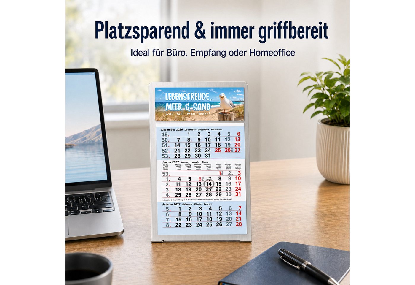 TOBJA Tischkalender Tischkalender 2027 Set + Deko-Magnete Metallaufsteller (Ice), Aufsteller + Kalender, 3 Deko-Magnete, Datumsschieber, mehrsprachig Bild 3