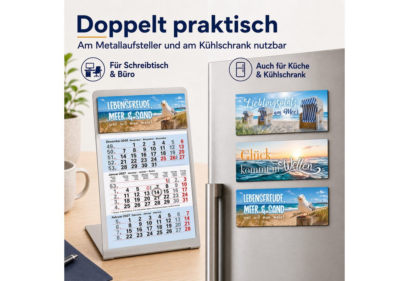 TOBJA Tischkalender Tischkalender 2027 Set + Deko-Magnete Metallaufsteller (Ice), Aufsteller + Kalender, 3 Deko-Magnete, Datumsschieber, mehrsprachig Bild 5