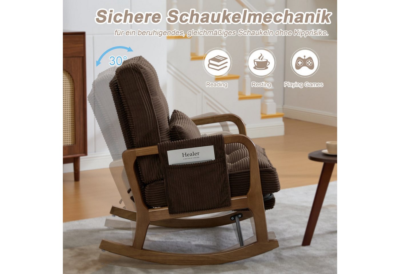 ANYSUN Schaukelstuhl Relaxsessel mit Fußstütze, Seitentasche & verstellbarer Rückenlehne, Lesesessel aus Cord, Massivholzgestell, Lendenkissen, bis 150 kg