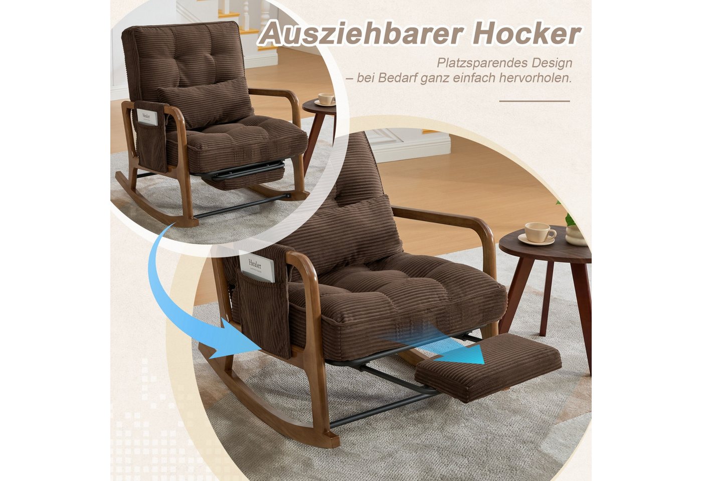 ANYSUN Schaukelstuhl Relaxsessel mit Fußstütze, Seitentasche & verstellbarer Rückenlehne, Lesesessel aus Cord, Massivholzgestell, Lendenkissen, bis 150 kg Bild 3