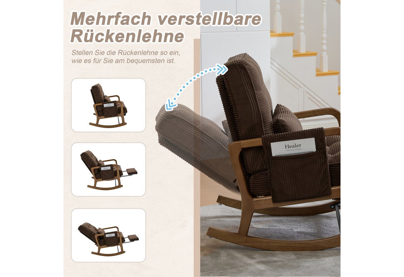ANYSUN Schaukelstuhl Relaxsessel mit Fußstütze, Seitentasche & verstellbarer Rückenlehne, Lesesessel aus Cord, Massivholzgestell, Lendenkissen, bis 150 kg Bild 4