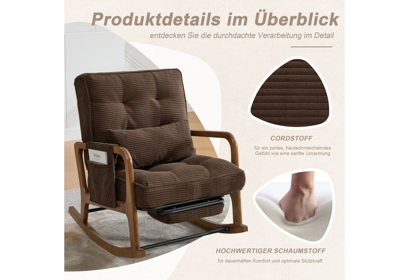 ANYSUN Schaukelstuhl Relaxsessel mit Fußstütze, Seitentasche & verstellbarer Rückenlehne, Lesesessel aus Cord, Massivholzgestell, Lendenkissen, bis 150 kg Bild 5