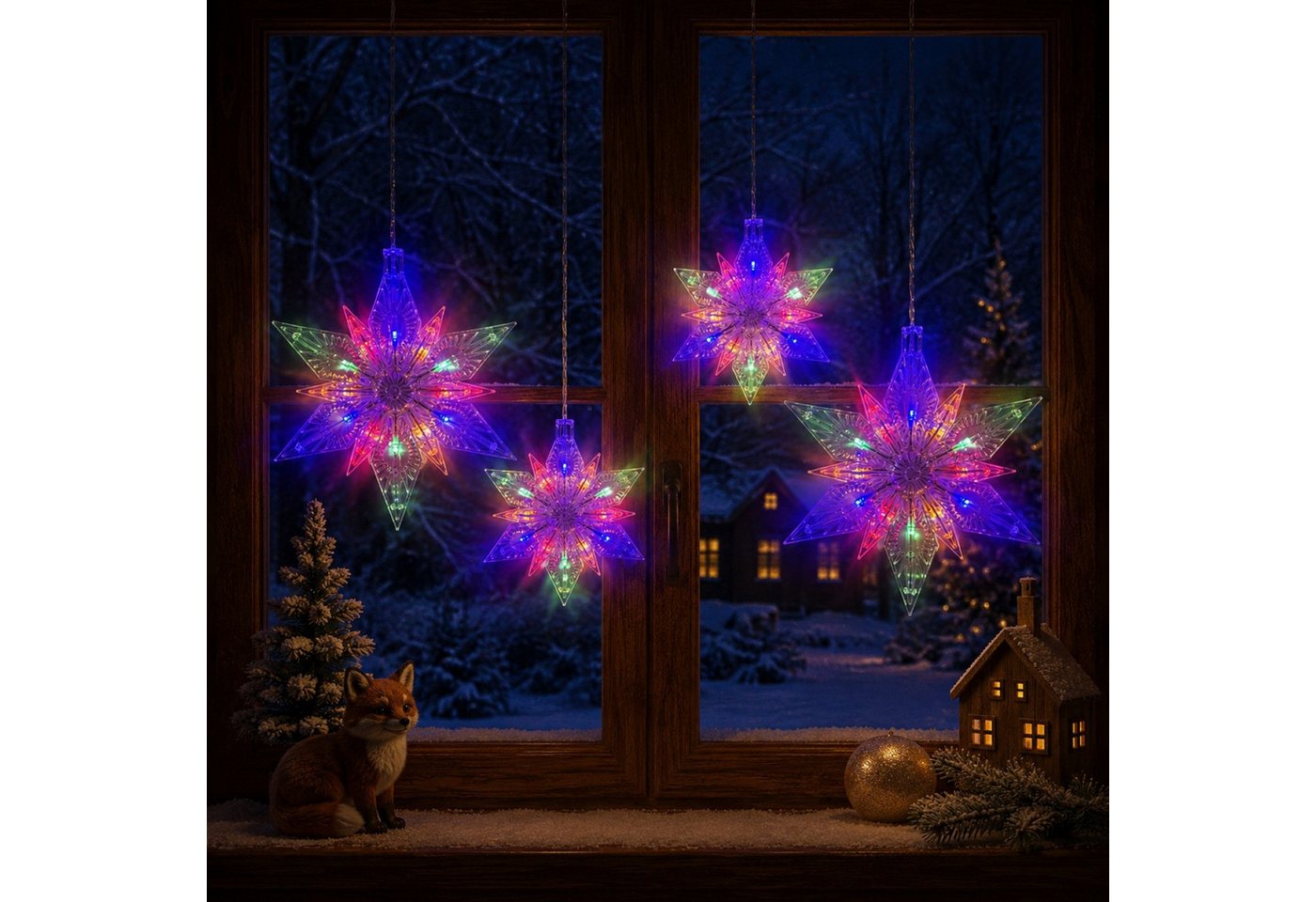 Online-Fuchs Fensterdekoration 4 Sterne aus Acrylglas mit LED-Beleuchtung & Timer - Weihnachtsdeko, einfache Anbringung durch Saugnapf - Warmweiß oder Bunt Bild 3