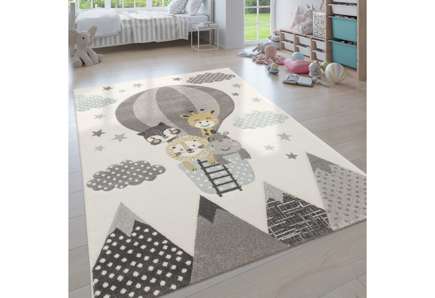KADIMA DESIGN Kinderteppich Ballon mit Tieren Kinderzimmer schmutzabweisend Teppich Kinder, Läufer, Höhe: 16 mm, Florhöhe: 12 mm, 100% Polypropylen, Rechteckig, 80x150cm, Creme Bild 3