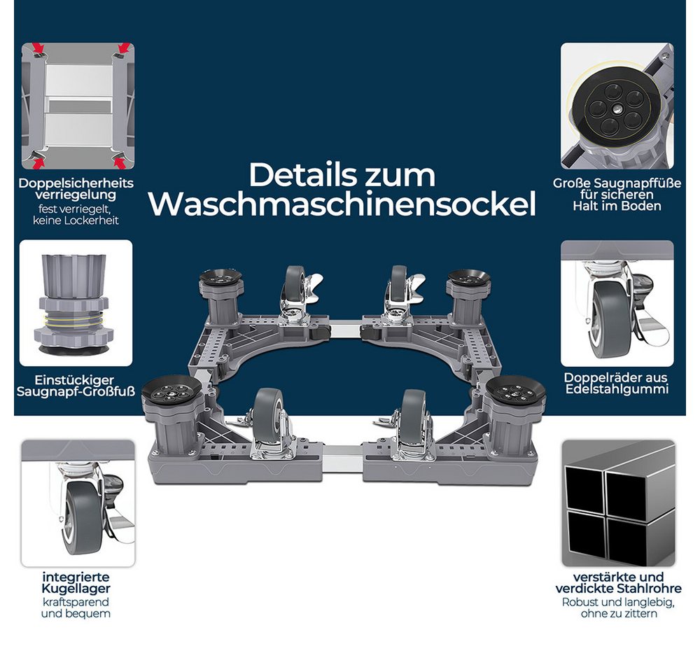 GLIESE Waschmaschinenuntergestell Waschmaschine Untergestell mit 4 Füßen+4 Räder mit Roller, Zubehör für Waschmaschinen, Trockner, Kühlschrank, Tragfähigkeit 300 kg, Größe verstellbar