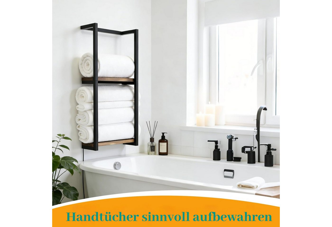 BlingBin Handtuchhalter mit Holzregal Badezimmerregal Wand Handtuchaufbewahrung, Wandmontage Badetuchhalter mit Schrauben Handtuch Aufbewahrung Bild 5