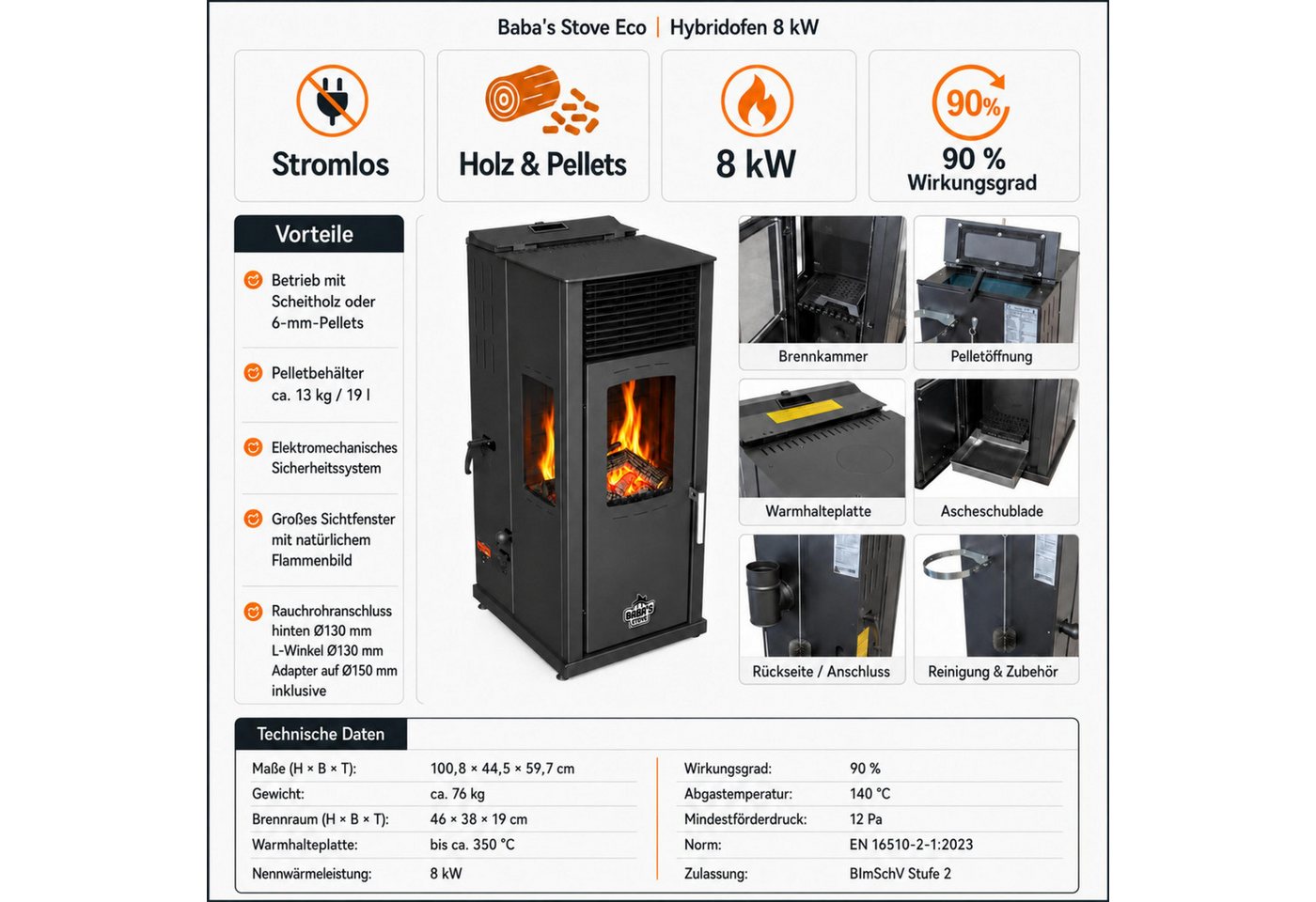 Baba's Kaminofen Eco Plus Hybridofen Pellets und Holz Kombiofen Pelletofen ohne Strom, 8 kW, Dauerbrand, Dauerbrandofen, Holzofen Holz Ofen Kamin Bild 5