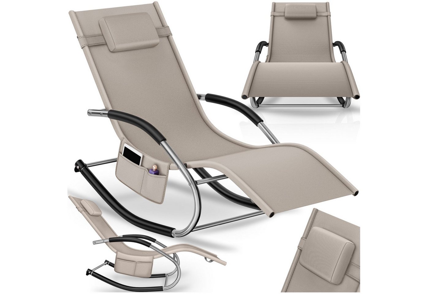 tectake Gartenliege Relaxliege ergonomisch, wetterfest, mit Kopfkissen, atmungsaktiv, Liegestuhl Taya, 1 St., in Beige, komfortable Schwingbewegung und geschwungene Armlehnen Bild 4