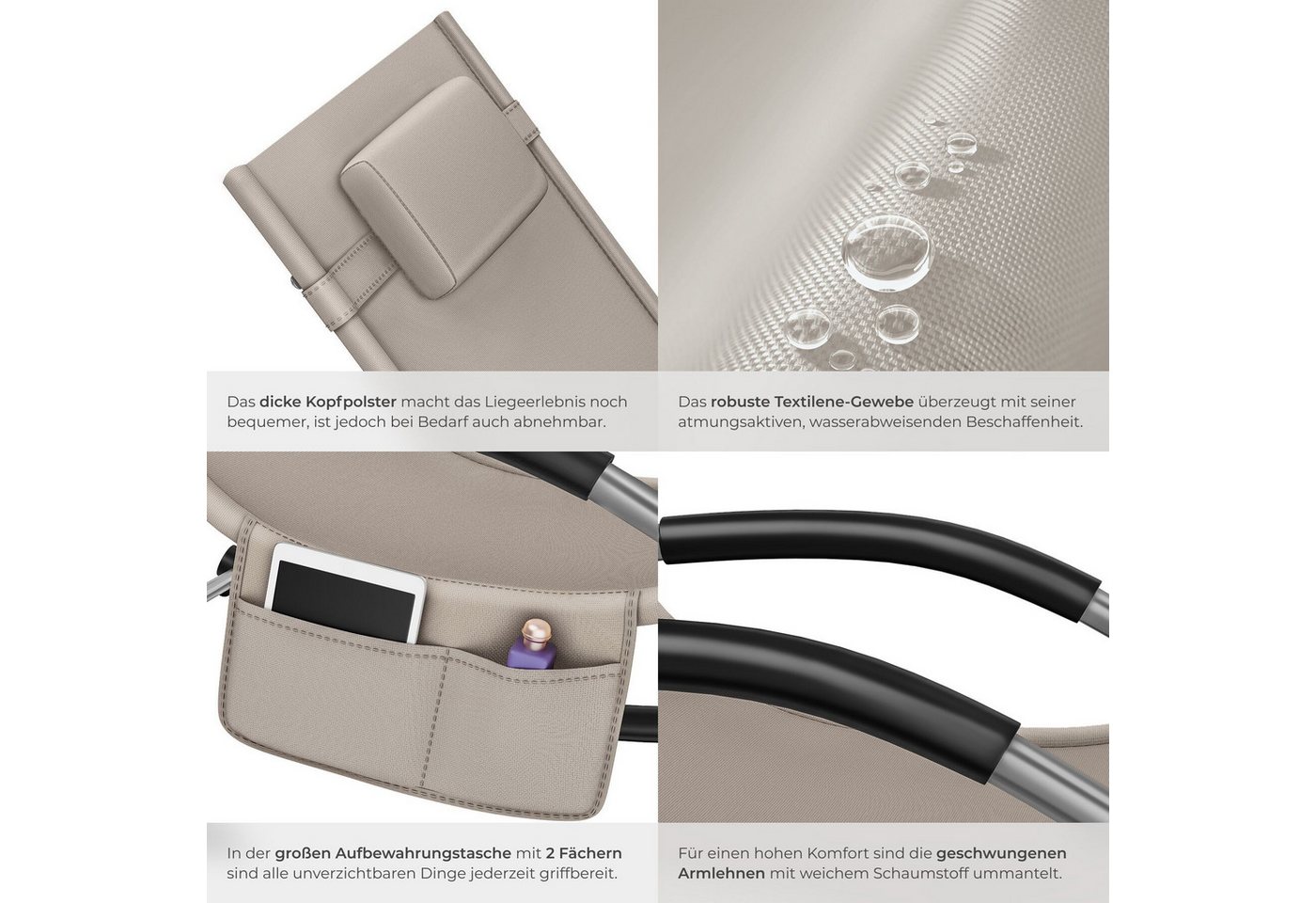 tectake Gartenliege Relaxliege ergonomisch, wetterfest, mit Kopfkissen, atmungsaktiv, Liegestuhl Taya, 1 St., in Beige, komfortable Schwingbewegung und geschwungene Armlehnen Bild 5
