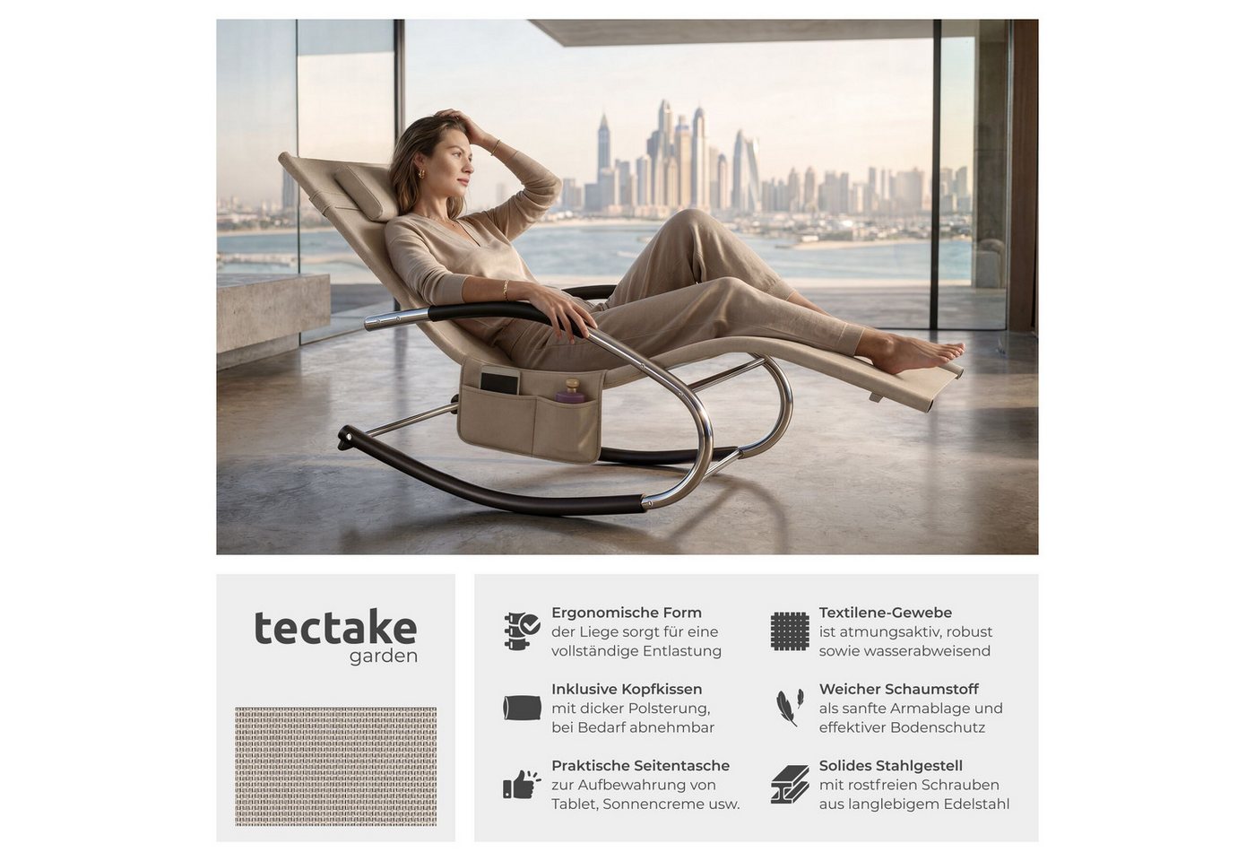 tectake Gartenliege Relaxliege wetterfest mit Kopfkissen, Seitentasche, Liegestuhl Taya, 2 St., in Beige, ergonomisch mit Schwingfunktion und geschwungene Armlehnen mit