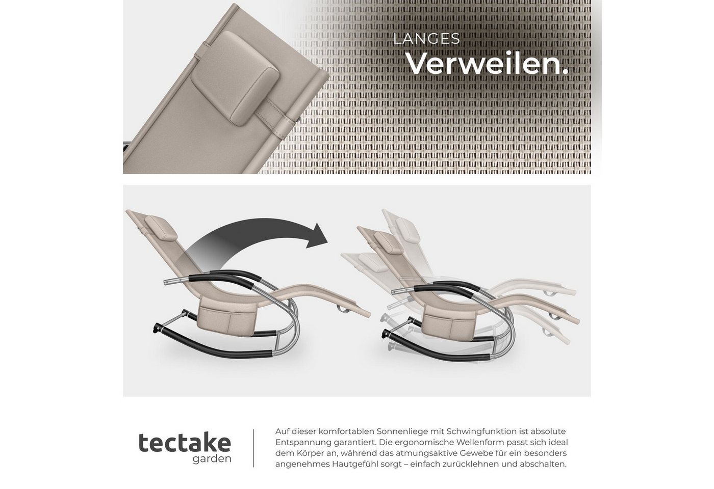 tectake Gartenliege Relaxliege wetterfest mit Kopfkissen, Seitentasche, Liegestuhl Taya, 2 St., in Beige, ergonomisch mit Schwingfunktion und geschwungene Armlehnen mit Bild 4