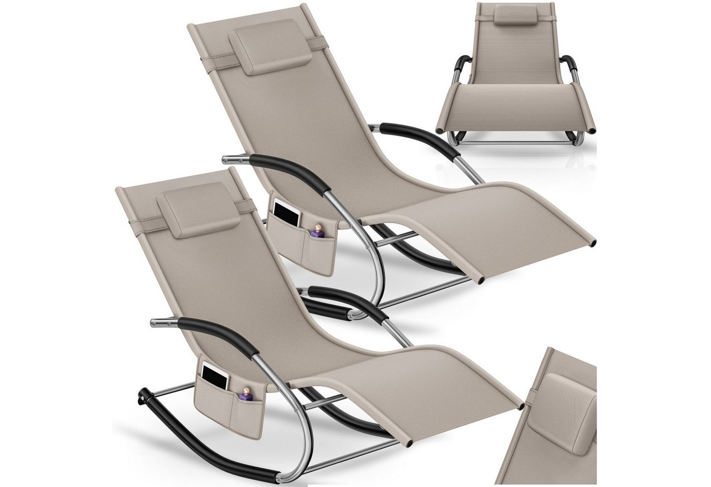 tectake Gartenliege Relaxliege wetterfest mit Kopfkissen, Seitentasche, Liegestuhl Taya, 2 St., in Beige, ergonomisch mit Schwingfunktion und geschwungene Armlehnen mit Bild 5