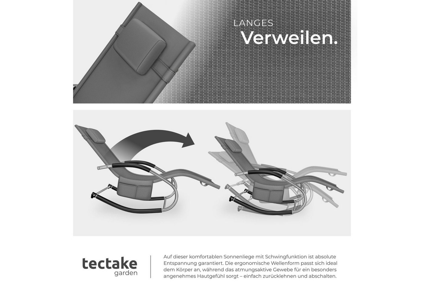 tectake Gartenliege Relaxliege ergonomisch wetterfest mit Kopfkissen, Belastbarkeit 150, Terrassenliege Taya, 2 St., in Grau, Seitentasche, geschwungene Armlehnen, atmungsaktives Textilene-Gewebe
