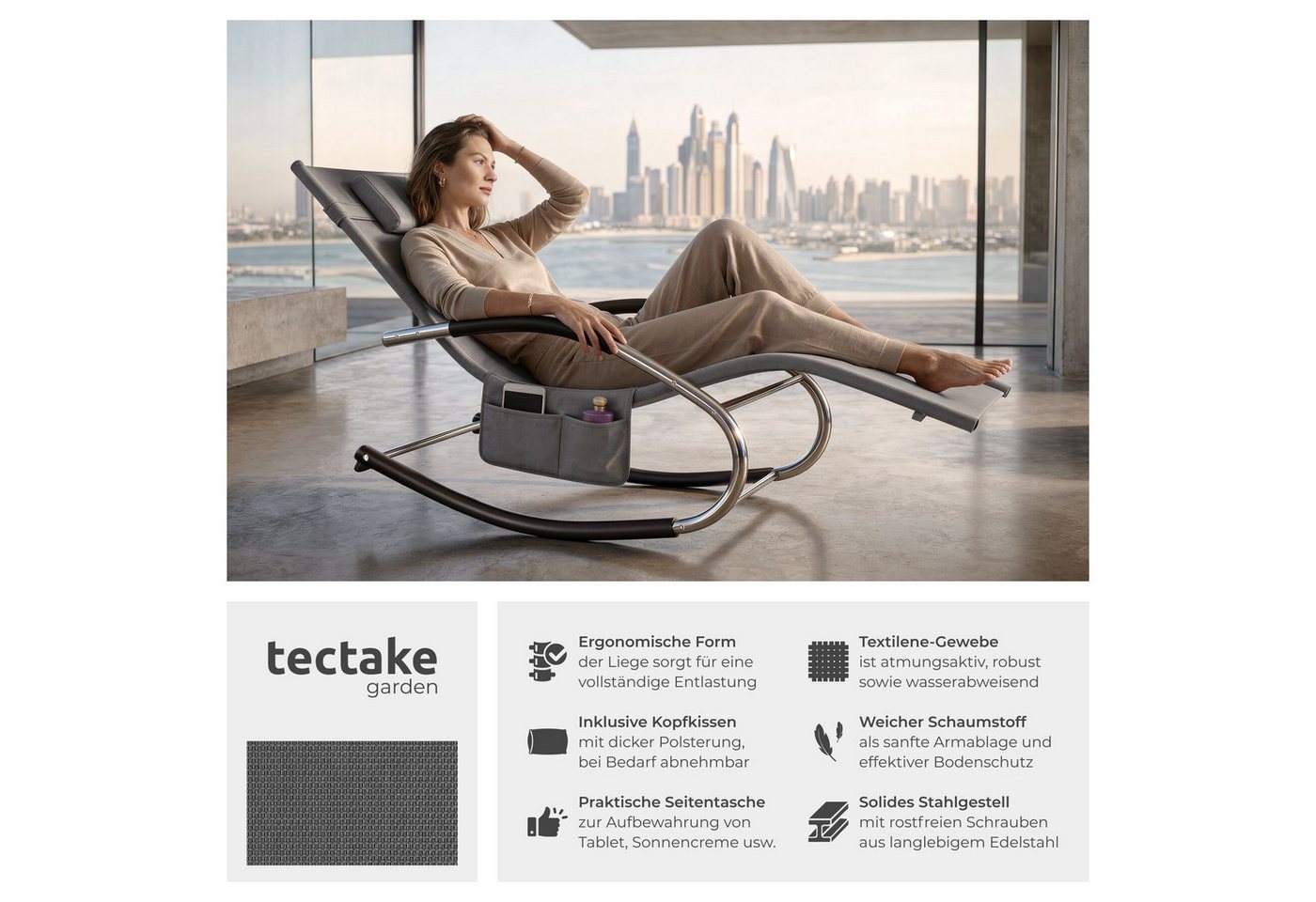 tectake Gartenliege Relaxliege ergonomisch wetterfest mit Kopfkissen, Belastbarkeit 150, Terrassenliege Taya, 2 St., in Grau, Seitentasche, geschwungene Armlehnen, atmungsaktives Textilene-Gewebe Bild 3