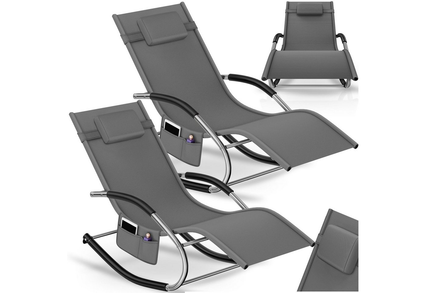 tectake Gartenliege Relaxliege ergonomisch wetterfest mit Kopfkissen, Belastbarkeit 150, Terrassenliege Taya, 2 St., in Grau, Seitentasche, geschwungene Armlehnen, atmungsaktives Textilene-Gewebe Bild 4