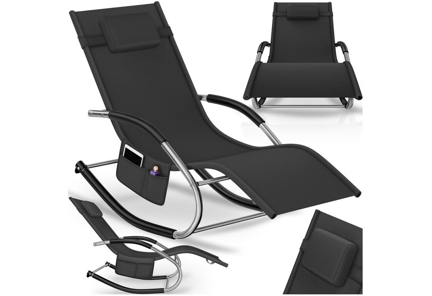 tectake Gartenliege Relaxliege wetterfest mit Kopfkissen, atmungsaktiv, Seitentasche, Liegestuhl Taya, 1 St., in Schwarz, Komfort-Schwingbewegung, ergonomische Armlehnen, abnehmbares