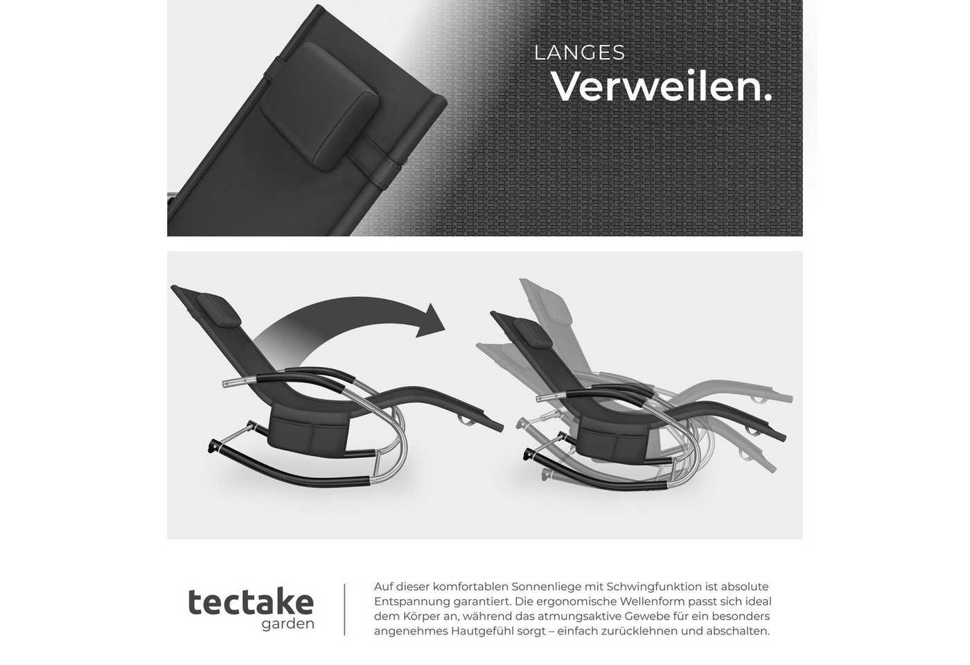 tectake Gartenliege Relaxliege wetterfest mit Kopfkissen, atmungsaktiv, Seitentasche, Liegestuhl Taya, 1 St., in Schwarz, Komfort-Schwingbewegung, ergonomische Armlehnen, abnehmbares Bild 2