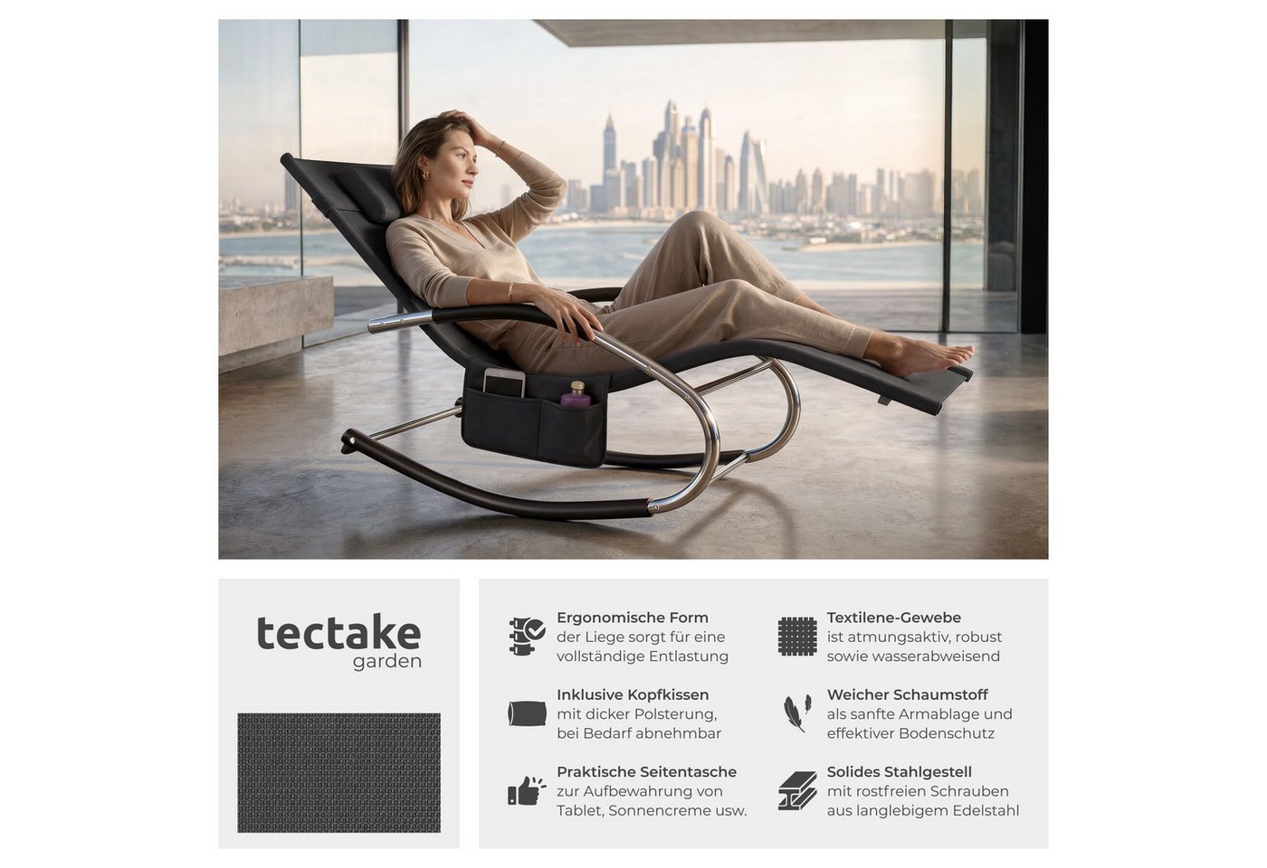 tectake Gartenliege Relaxliege wetterfest mit Kopfkissen, atmungsaktiv, Seitentasche, Liegestuhl Taya, 1 St., in Schwarz, Komfort-Schwingbewegung, ergonomische Armlehnen, abnehmbares Bild 5