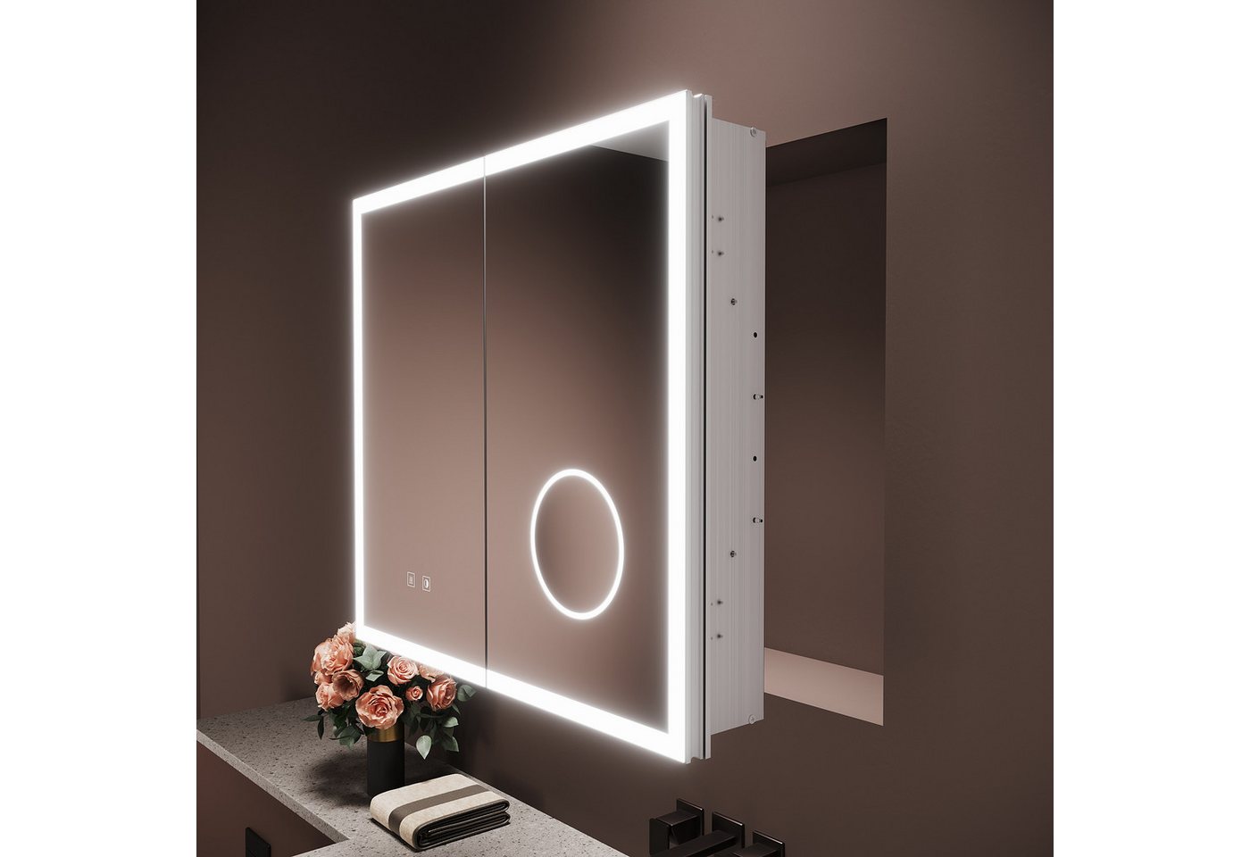 SONNI Spiegelschrank Spiegelschrank Badezimmerschrank 65×60cm hochwertigem Alu mit Antibeschlag, 3-farbiger Beleuchtung und verstellbaren Regalböden