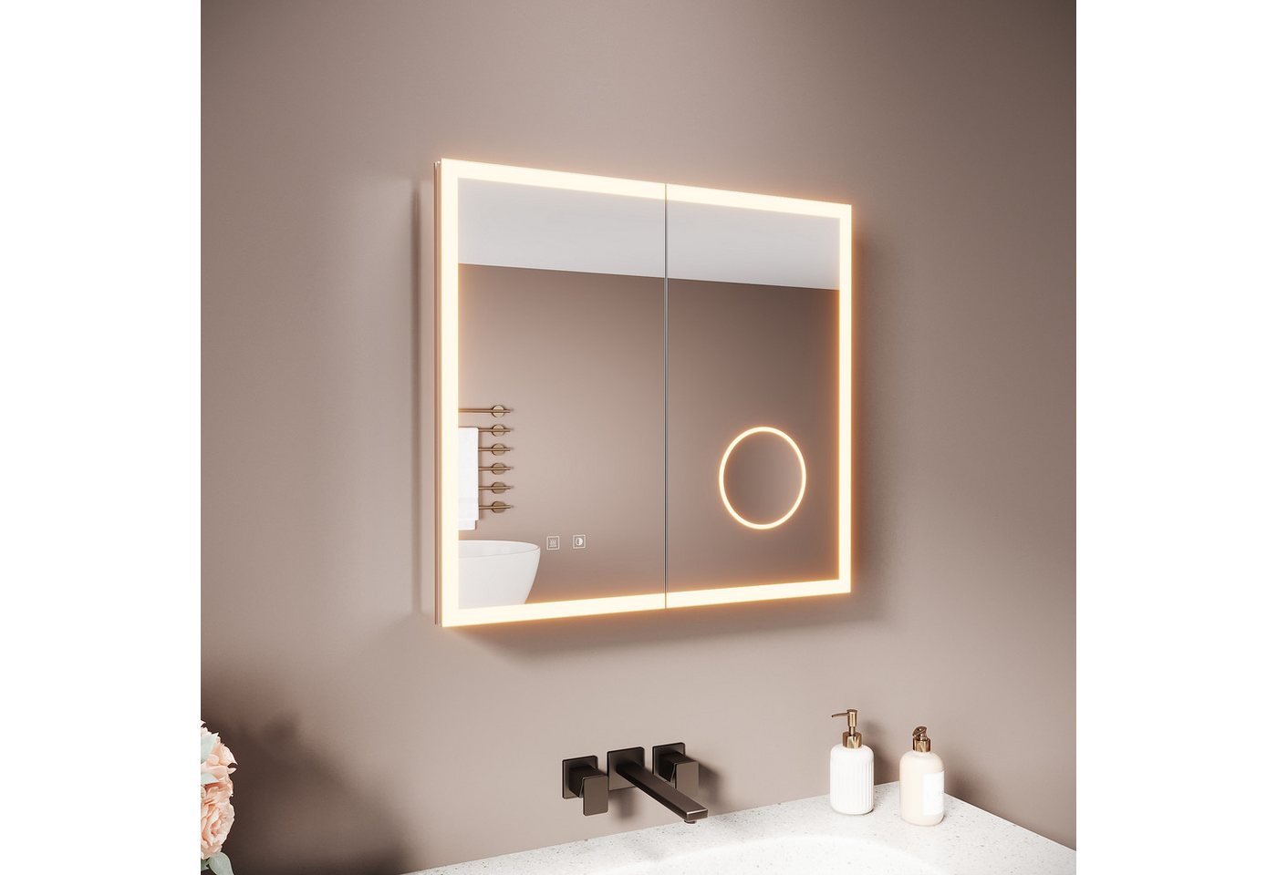 SONNI Spiegelschrank Spiegelschrank Badezimmerschrank 65×60cm hochwertigem Alu mit Antibeschlag, 3-farbiger Beleuchtung und verstellbaren Regalböden Bild 3