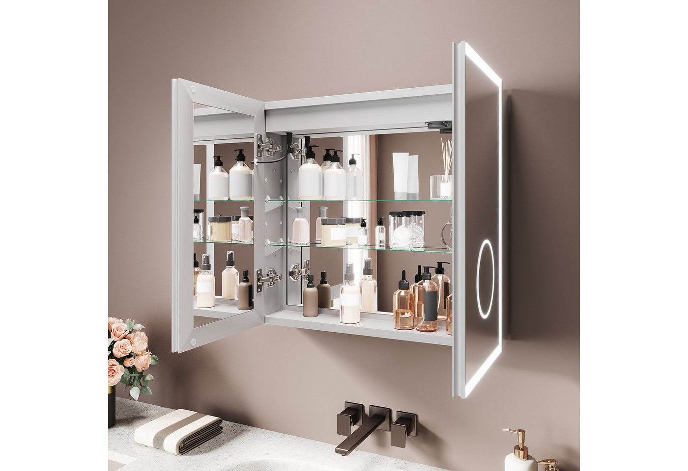 SONNI Spiegelschrank Spiegelschrank Badezimmerschrank 65×60cm hochwertigem Alu mit Antibeschlag, 3-farbiger Beleuchtung und verstellbaren Regalböden Bild 5