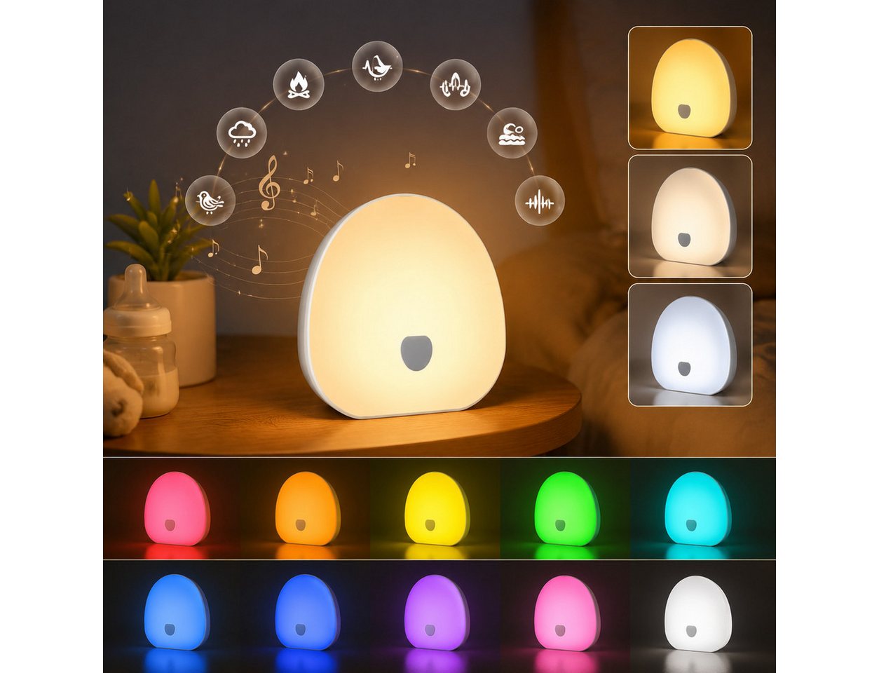 OYLCDI Nachttischlampe LED Nachttischlampe LED Nachtlicht, Dimmbar Atmosphäre Tischlampe, LED fest integriert, mit RGB Farben, Touch Lampe mit Weißem Rauschen, dimmbar, Timer und USB-C Akku für Baby, Erwachsene