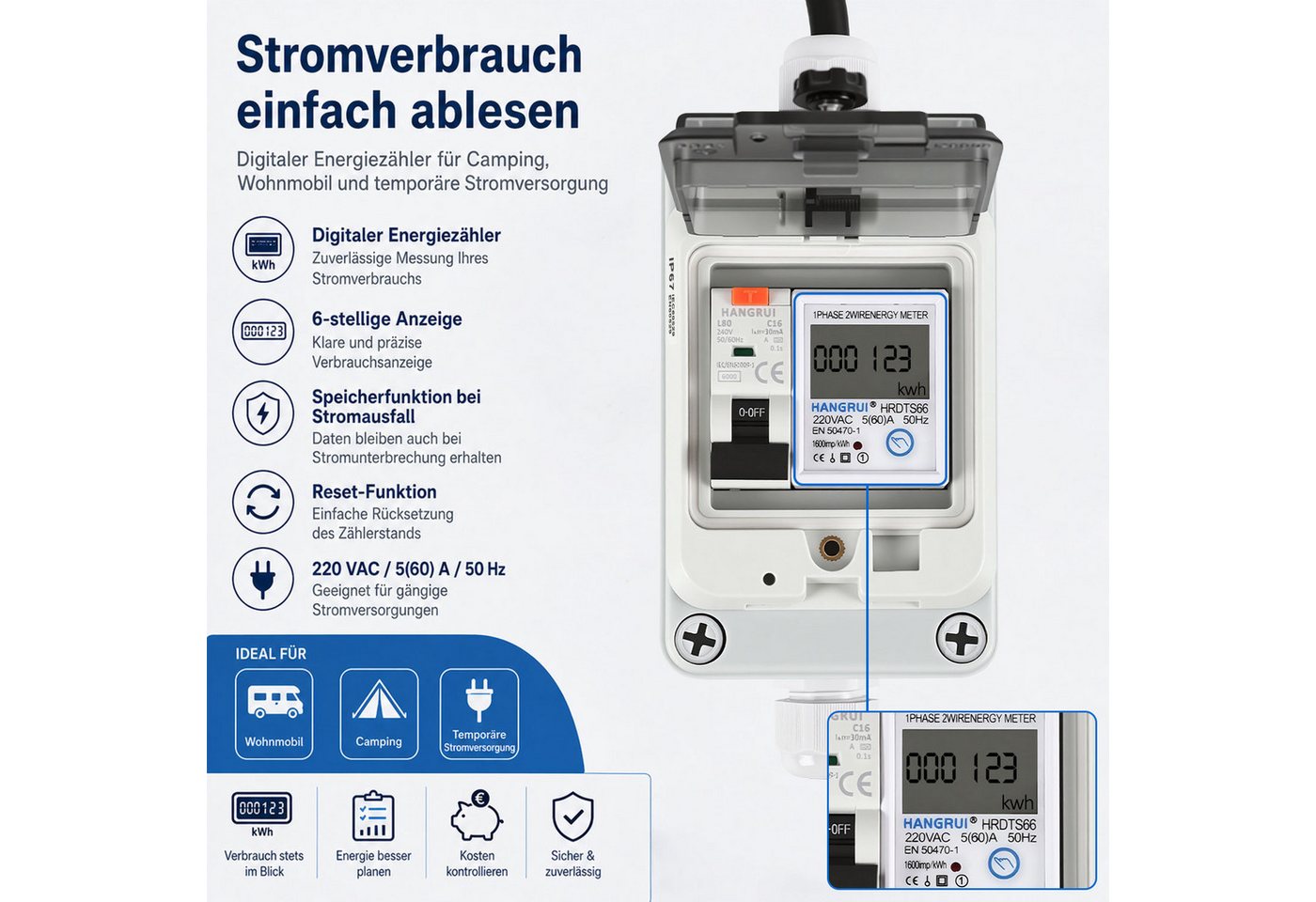 Clanmacy Drehstromzähler Digitaler Stromzähler 16A 400V CEE mit FI IP67 Bild 3