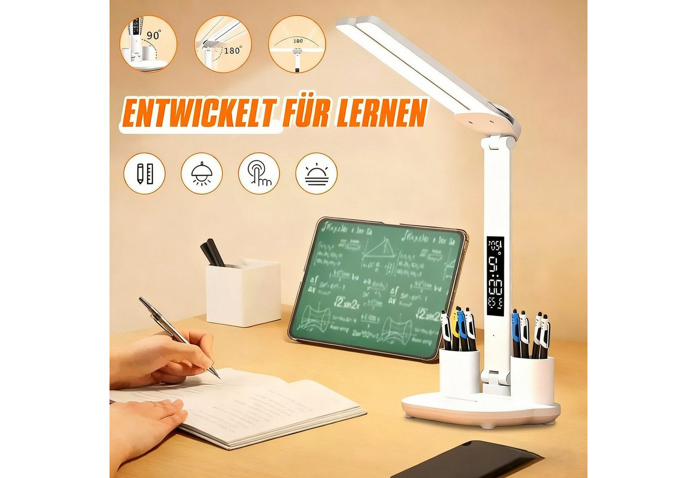 Toomoke LED Schreibtischlampe LED Schreibtischlampe Tischlampe Dimmbar Touch Leselampe 3-Farbige, LED fest integriert, weißes Licht,neutralweißes Licht,warmes Licht, Touch-Steuerung, tragbar, faltbar,Augenschutz, Nachttischlampe Bild 4