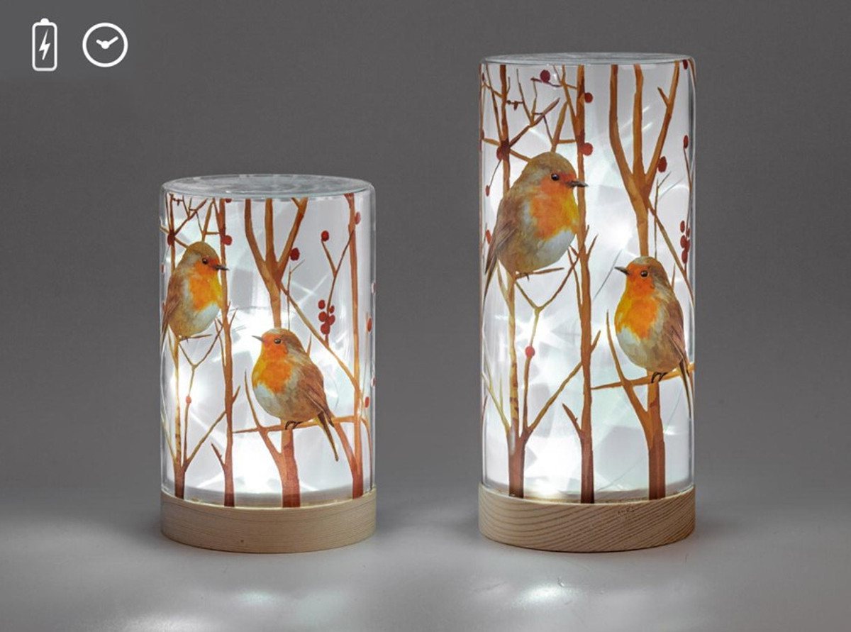 formano LED Dekolicht Rotkehlchen 15cm 20cm Glas mit Holzsockel, LED fest integriert