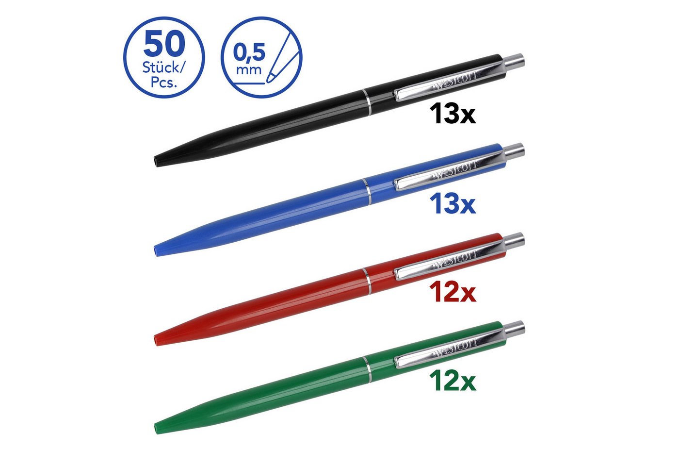 WESTCOTT Druckkugelschreiber Kugelschreiber ALLTIME Mix 50 Stück, blaue Tinte, X20 Mine, (Vorteilspack, 50-tlg), Dokumentenecht nach ISO 12757-2, Stabiler Metallclip