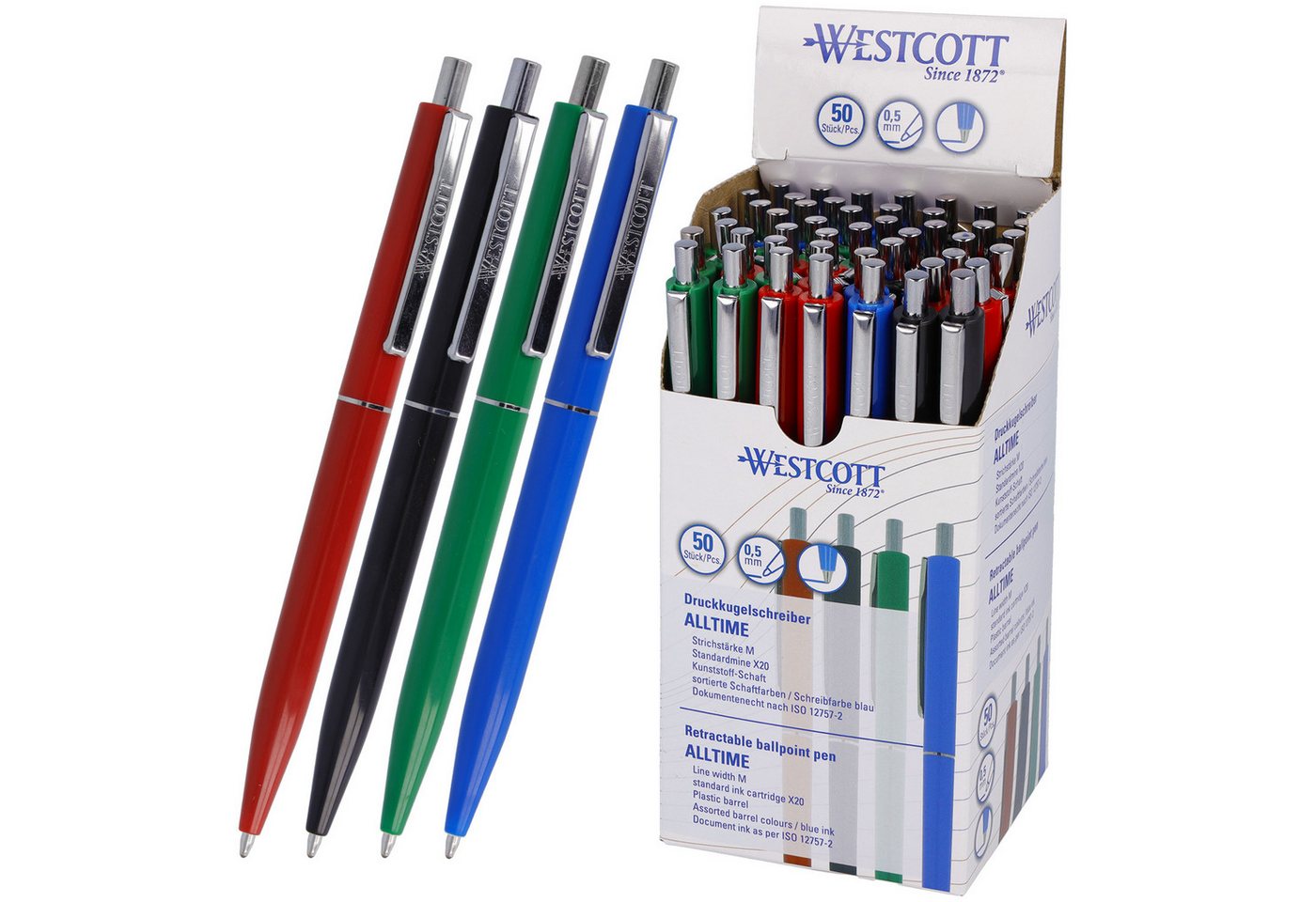 WESTCOTT Druckkugelschreiber Kugelschreiber ALLTIME Mix 50 Stück, blaue Tinte, X20 Mine, (Vorteilspack, 50-tlg), Dokumentenecht nach ISO 12757-2, Stabiler Metallclip Bild 4