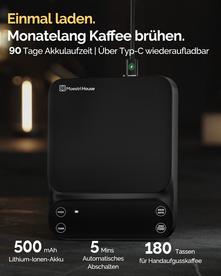 Maestri House Küchenwaage S3 Pour-Over-Kaffeewaage 0,1 g/3 kg, Durchflussmenge, (Automatischer Pulver-Wasser-Verhältnis-Modus, USB-C / 500 mAh), Wiegen, Auto Pour Over, Auto Espresso