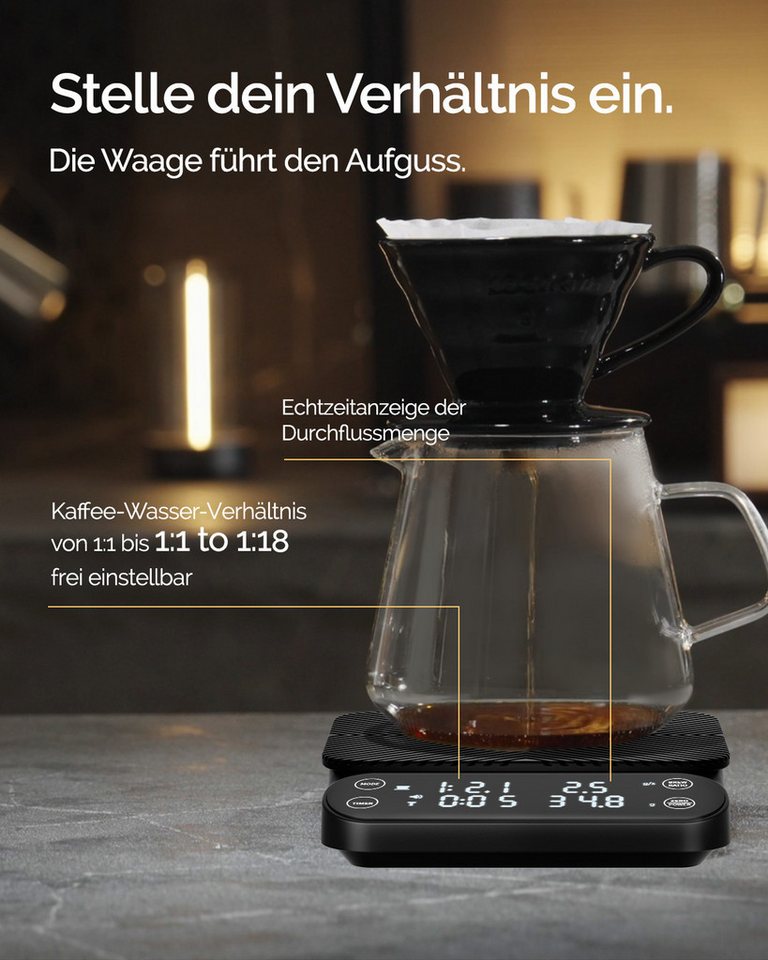 Maestri House Küchenwaage S3 Pour-Over-Kaffeewaage 0,1 g/3 kg, Durchflussmenge, (Automatischer Pulver-Wasser-Verhältnis-Modus, USB-C / 500 mAh), Wiegen, Auto Pour Over, Auto Espresso Bild 2