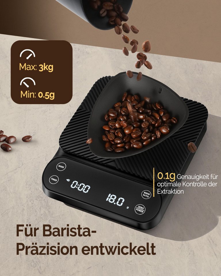 Maestri House Küchenwaage S3 Pour-Over-Kaffeewaage 0,1 g/3 kg, Durchflussmenge, (Automatischer Pulver-Wasser-Verhältnis-Modus, USB-C / 500 mAh), Wiegen, Auto Pour Over, Auto Espresso Bild 4