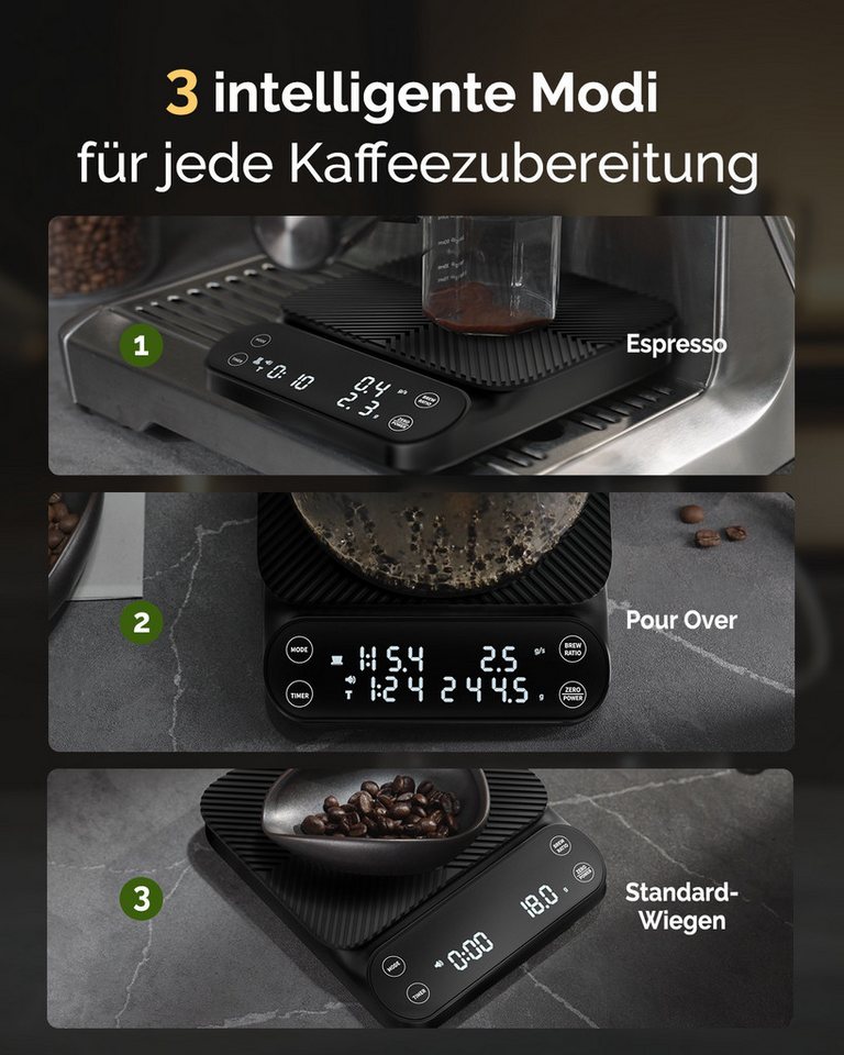 Maestri House Küchenwaage S3 Pour-Over-Kaffeewaage 0,1 g/3 kg, Durchflussmenge, (Automatischer Pulver-Wasser-Verhältnis-Modus, USB-C / 500 mAh), Wiegen, Auto Pour Over, Auto Espresso Bild 5