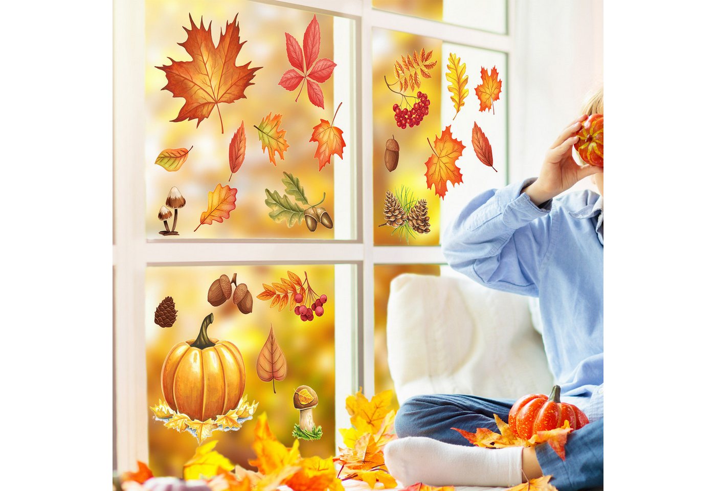 Sorvyzxn Fensterfolie Fensterbilder Herbst, Herbstdeko,Erntedankfest Fensterbilder, Selbstklebend Herbst Deko Aufkleber, für Fenster Kinderzimmer Cafés Halloween Party Bild 3
