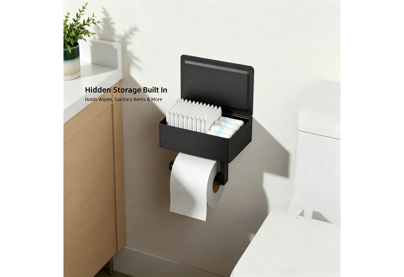 ibettertec Toilettenpapierhalter Klopapierhalter edelstahl Feuchttücherbox, selbstklebend oder Bohren (WC Papier Halterung mit 21 cm Ablage,Storage rack,tissue rack, Großes Fassungsvermögen, geräuscharm, stabil), Wandmontierter WC Rollenhalter aus Edelstahl für Küche und Bad