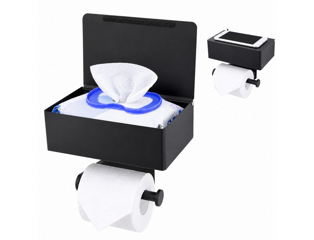 ibettertec Toilettenpapierhalter Klopapierhalter edelstahl Feuchttücherbox, selbstklebend oder Bohren (WC Papier Halterung mit 21 cm Ablage,Storage rack,tissue rack, Großes Fassungsvermögen, geräuscharm, stabil), Wandmontierter WC Rollenhalter aus Edelstahl für Küche und Bad Bild 3
