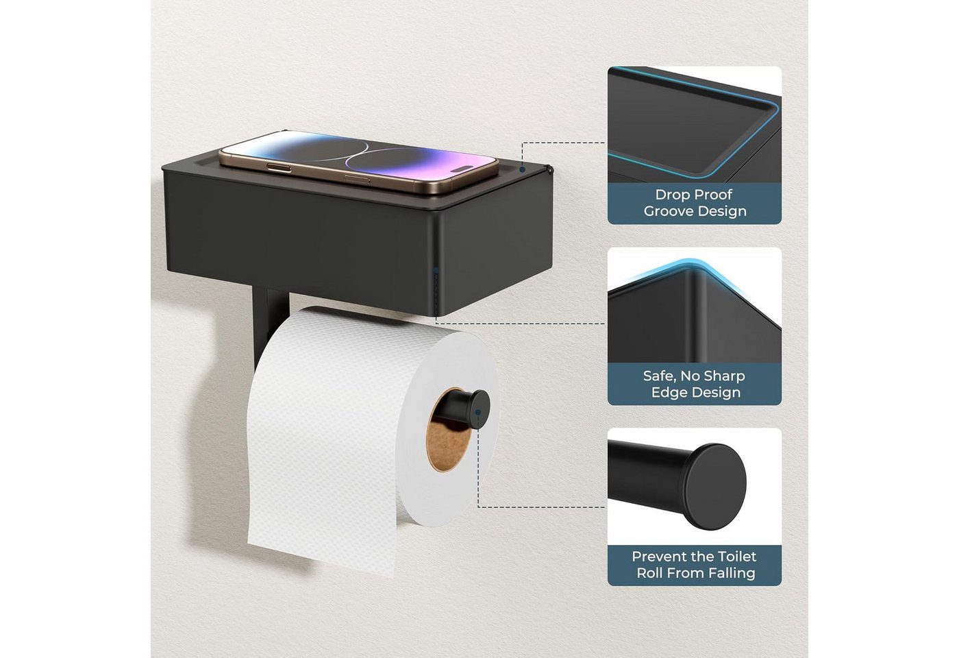 ibettertec Toilettenpapierhalter Klopapierhalter edelstahl Feuchttücherbox, selbstklebend oder Bohren (WC Papier Halterung mit 21 cm Ablage,Storage rack,tissue rack, Großes Fassungsvermögen, geräuscharm, stabil), Wandmontierter WC Rollenhalter aus Edelstahl für Küche und Bad Bild 4